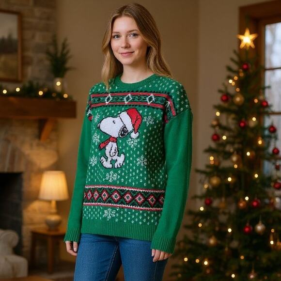 Peanuts Sweaters - Christmas Sweater | Snoopy - Green | Juniors XXXL
